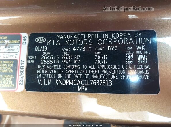 KNDPMCAC1L7632613 2020 KIA SPORTAGE Brown Շարժիչի բաժամունքի տեսք