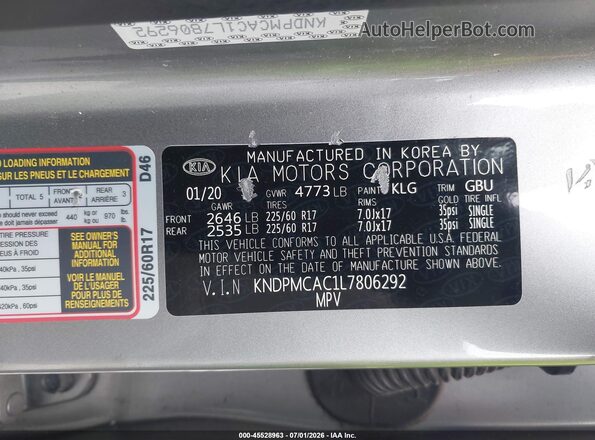KNDPMCAC1L7806292 2020 KIA SPORTAGE Silver Vista del compartimento del motor
