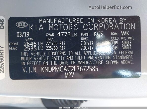 KNDPMCAC2L7672585 2020 KIA SPORTAGE Silver Widok komory silnika