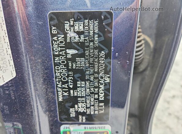 KNDPMCAC2N7024926 2022 KIA SPORTAGE Blue VIN კოდის სტიკერის ხედი