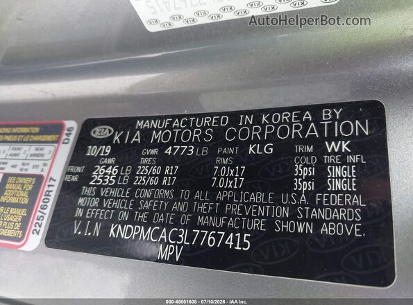 KNDPMCAC3L7767415 2020 KIA SPORTAGE Silver Vista del compartimento del motor