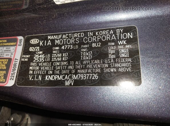 KNDPMCAC3M7937726 2021 KIA SPORTAGE Blue ძრავის განყოფილების ხედი