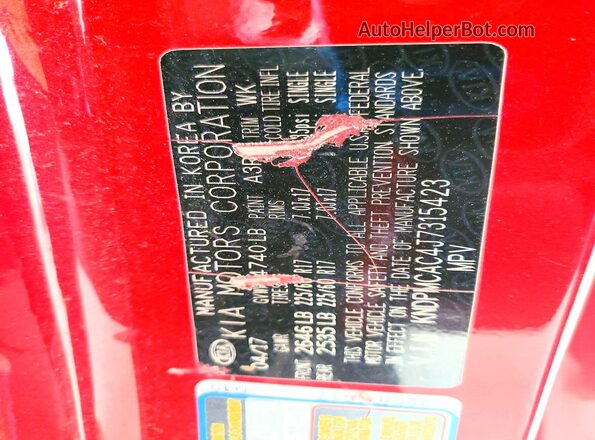 KNDPMCAC4J7315423 2018 KIA SPORTAGE Red Вид наклейки з VIN-кодом