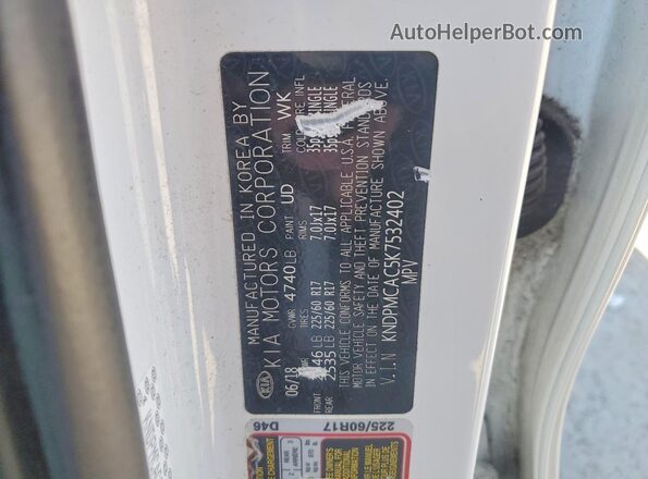 KNDPMCAC5K7532402 2019 KIA SPORTAGE White Widok naklejki z numerem VIN
