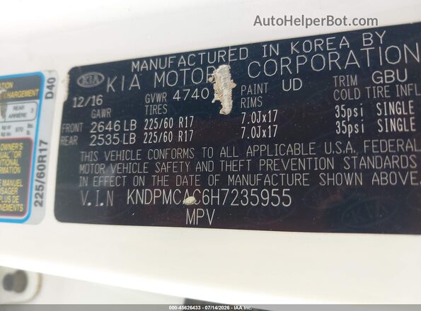 KNDPMCAC6H7235955 2017 KIA SPORTAGE White Vista del compartimento del motor
