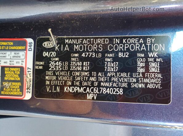 KNDPMCAC6L7840258 2020 KIA SPORTAGE Blue Widok wnętrza 360 stopni