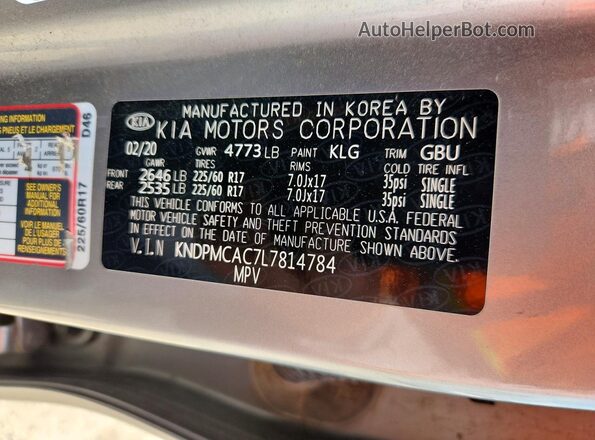 KNDPMCAC7L7814784 2020 KIA SPORTAGE Silver Vista de la etiqueta del VIN