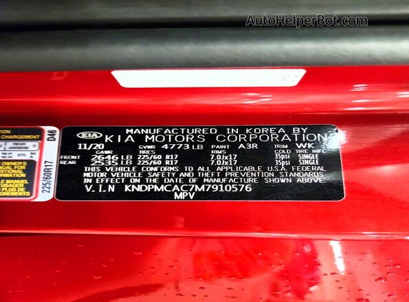 KNDPMCAC7M7910576 2021 KIA SPORTAGE Красный Вид наклейки с VIN-кодом