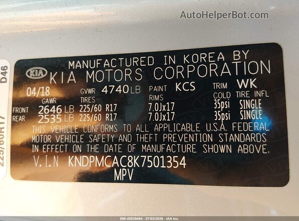 KNDPMCAC8K7501354 2019 KIA SPORTAGE Silver Вид підкапотного простору
