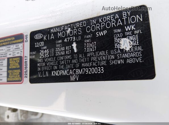 KNDPMCAC8M7920033 2021 KIA SPORTAGE White Widok komory silnika