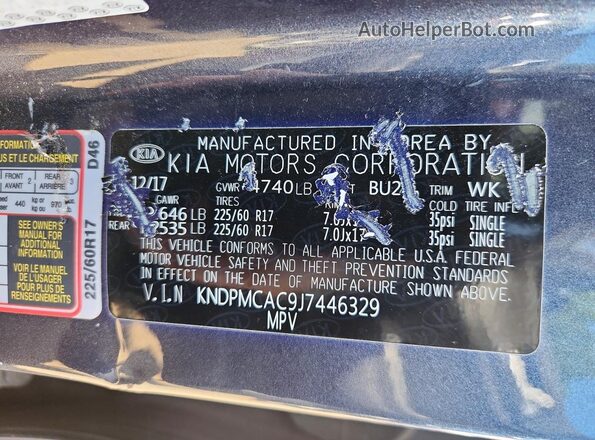 KNDPMCAC9J7446329 2018 KIA SPORTAGE Черный Вид наклейки с VIN-кодом