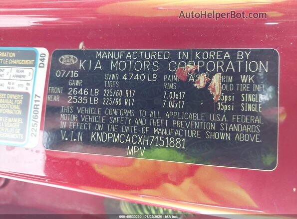 KNDPMCACXH7151881 2017 KIA SPORTAGE Red Widok komory silnika