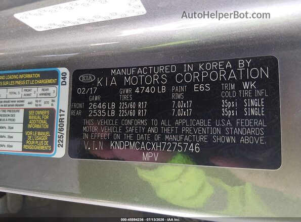 KNDPMCACXH7275746 2017 KIA SPORTAGE Gray Вид підкапотного простору