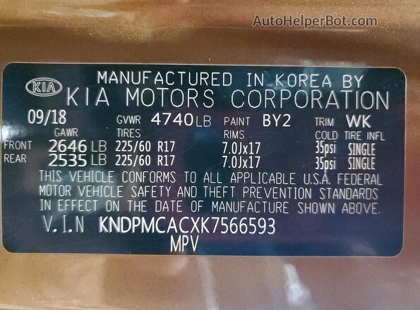 KNDPMCACXK7566593 2019 KIA SPORTAGE Коричневый Вид наклейки с VIN-кодом