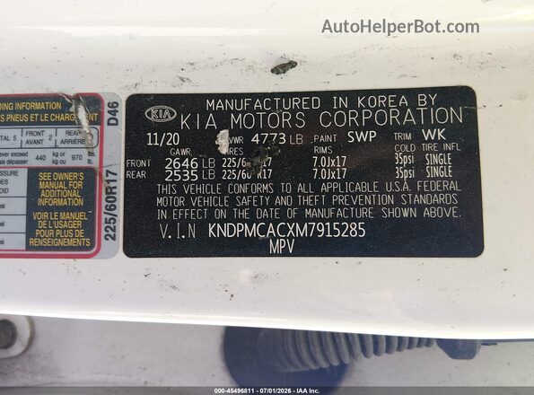 KNDPMCACXM7915285 2021 KIA SPORTAGE White Vista del compartimento del motor