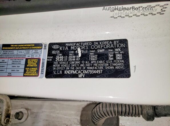 KNDPMCACXM7934497 2021 KIA SPORTAGE White Vista de la etiqueta del VIN