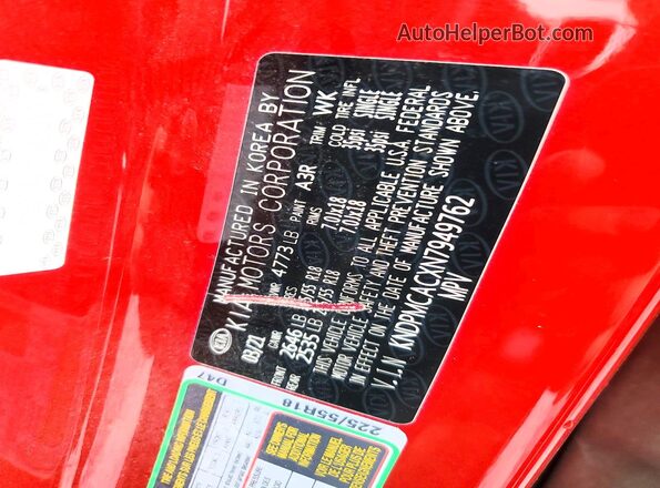 KNDPMCACXN7949762 2022 KIA SPORTAGE Red VIN sticker view
