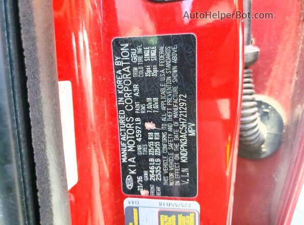KNDPN3AC5H7212972 2017 KIA SPORTAGE Red VIN կոդի պիտակի տեսք
