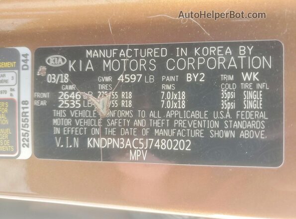 KNDPN3AC5J7480202 2018 KIA SPORTAGE Золотой Вид наклейки с VIN-кодом