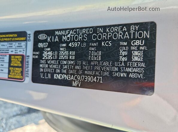 KNDPN3AC9J7390471 2018 KIA SPORTAGE Silver Вид наклейки з VIN-кодом