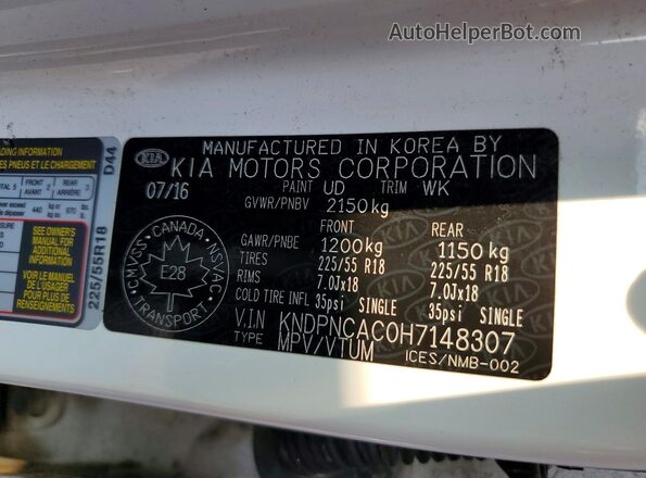 KNDPNCAC0H7148307 2017 KIA SPORTAGE White VIN sticker view