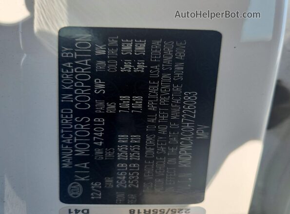KNDPNCAC0H7226083 2017 KIA SPORTAGE White Widok naklejki z numerem VIN