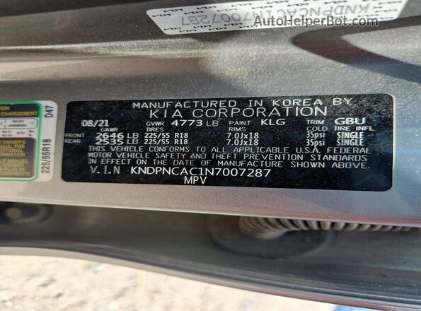 KNDPNCAC1N7007287 2022 KIA SPORTAGE Gray Вид наклейки з VIN-кодом