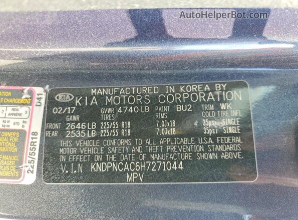 KNDPNCAC6H7271044 2017 KIA SPORTAGE Blue Widok naklejki z numerem VIN