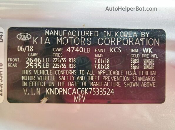 KNDPNCAC6K7533524 2019 KIA SPORTAGE Серебряный Вид наклейки с VIN-кодом
