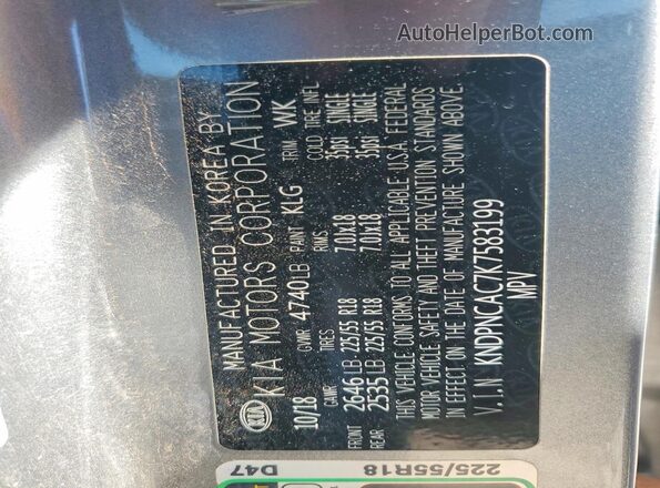 KNDPNCAC7K7583199 2019 KIA SPORTAGE Silver Widok naklejki z numerem VIN