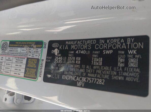 KNDPNCAC8K7577282 2019 KIA SPORTAGE White Вид підкапотного простору