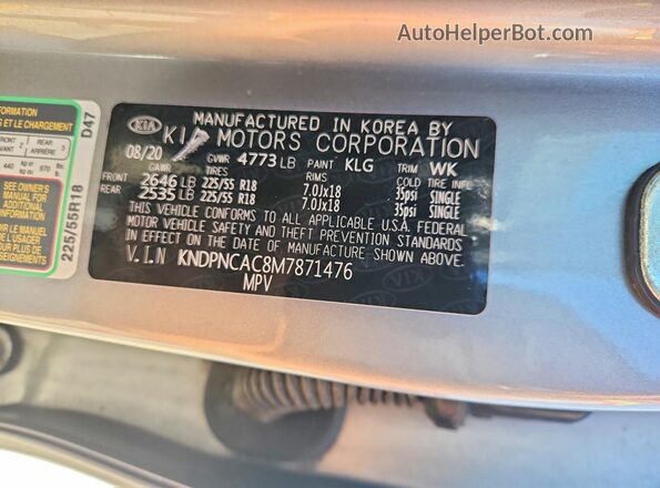 KNDPNCAC8M7871476 2021 KIA SPORTAGE Silver VIN კოდის სტიკერის ხედი
