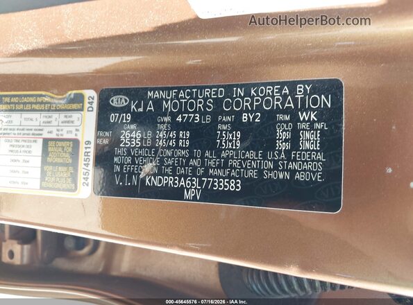 KNDPR3A63L7733583 2020 KIA SPORTAGE Brown Вид підкапотного простору