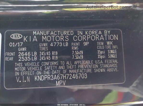 KNDPR3A67H7246703 2017 KIA SPORTAGE Black Vista del compartimento del motor