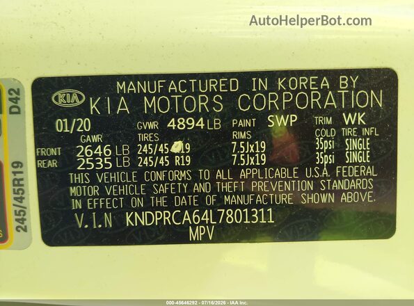 KNDPRCA64L7801311 2020 KIA SPORTAGE White Շարժիչի բաժամունքի տեսք