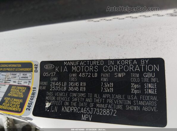 KNDPRCA65J7328872 2018 KIA SPORTAGE White Vista del compartimento del motor