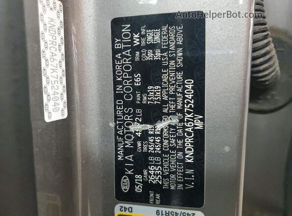 KNDPRCA67K7524040 2019 KIA SPORTAGE Gray VIN sticker view