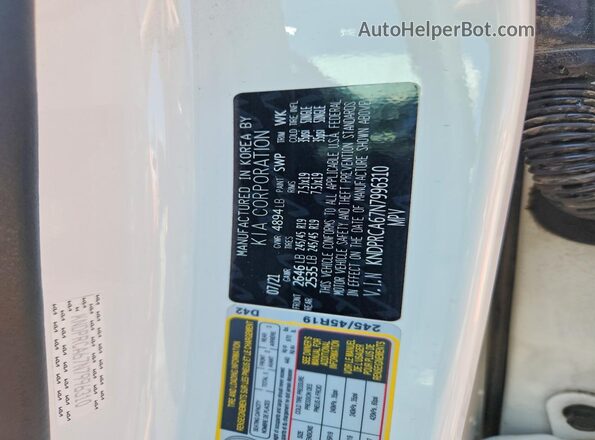 KNDPRCA67N7996310 2022 KIA SPORTAGE White Vista de la etiqueta del VIN