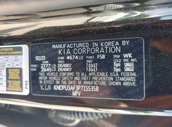 KNDPU3AF3P7155358 2023 KIA SPORTAGE Black Widok naklejki z numerem VIN