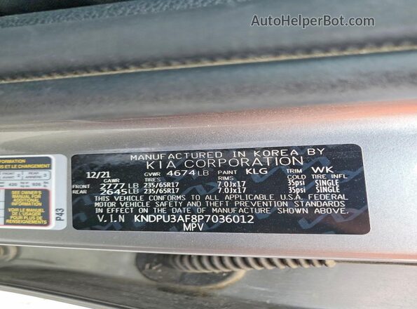 KNDPU3AF8P7036012 2023 KIA SPORTAGE Silver Widok naklejki z numerem VIN