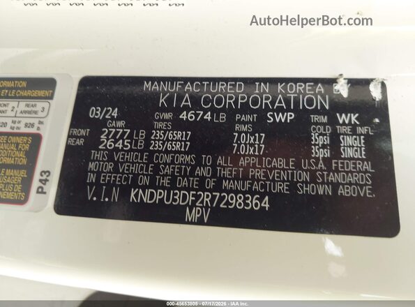 KNDPU3DF2R7298364 2024 KIA SPORTAGE White Engine compartment view