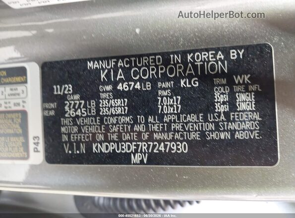 KNDPU3DF7R7247930 2024 KIA SPORTAGE Gray Widok komory silnika