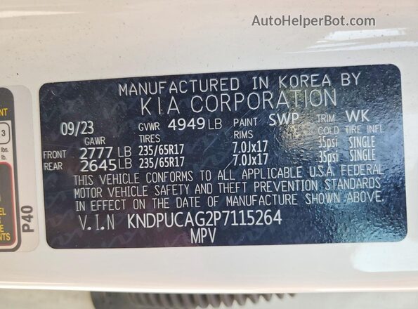 KNDPUCAG2P7115264 2023 KIA SPORTAGE Белый Вид наклейки с VIN-кодом