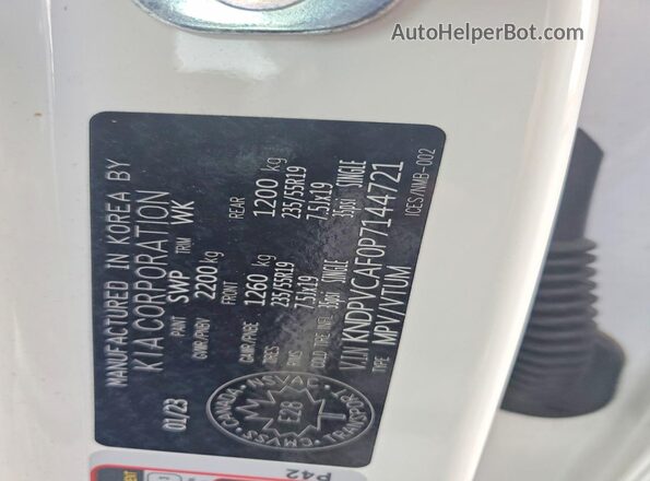 KNDPVCAF0P7144721 2023 KIA SPORTAGE White Vista de la etiqueta del VIN