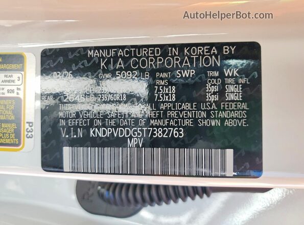 KNDPVDDG5T7382763 2026 KIA SPORTAGE White VIN sticker view