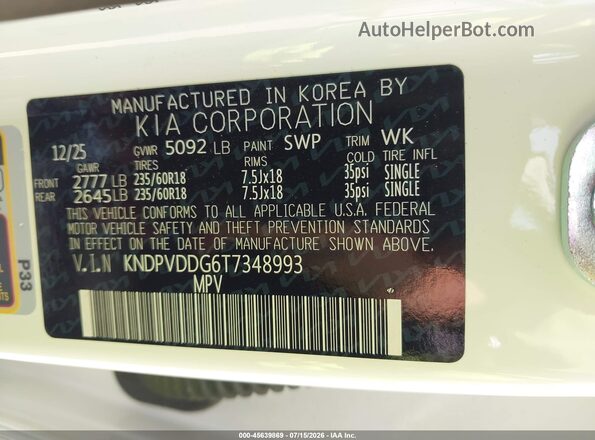 KNDPVDDG6T7348993 2026 KIA SPORTAGE HYBRID White Engine compartment view