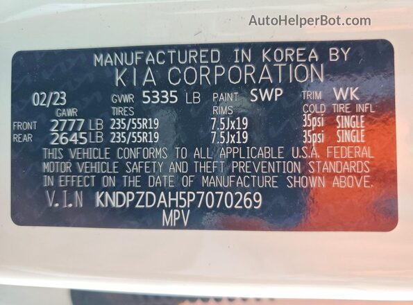 KNDPZDAH5P7070269 2023 KIA SPORTAGE Белый Панорамный вид салона 360°