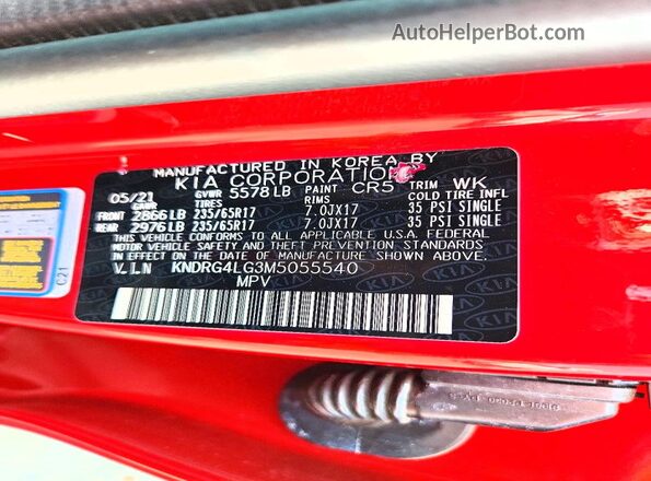 KNDRG4LG3M5055540 2021 KIA SORENTO Red Вид наклейки з VIN-кодом