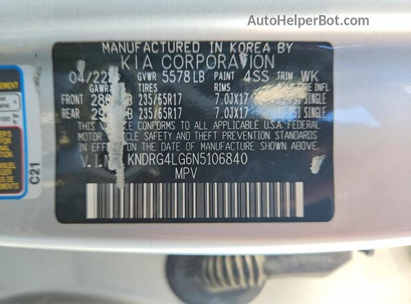 KNDRG4LG6N5106840 2022 KIA SORENTO Серебряный Вид наклейки с VIN-кодом