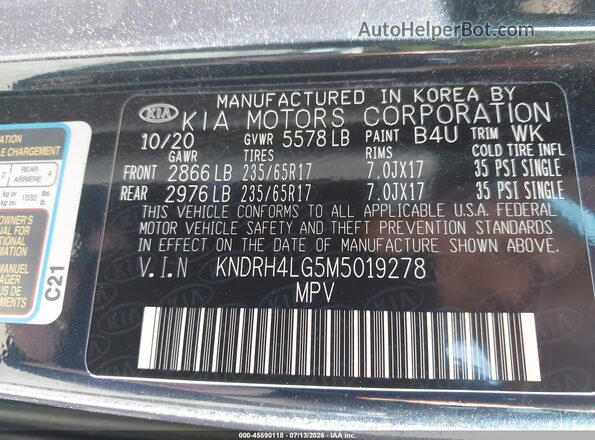 KNDRH4LG5M5019278 2021 KIA SORENTO HYBRID Black ძრავის განყოფილების ხედი